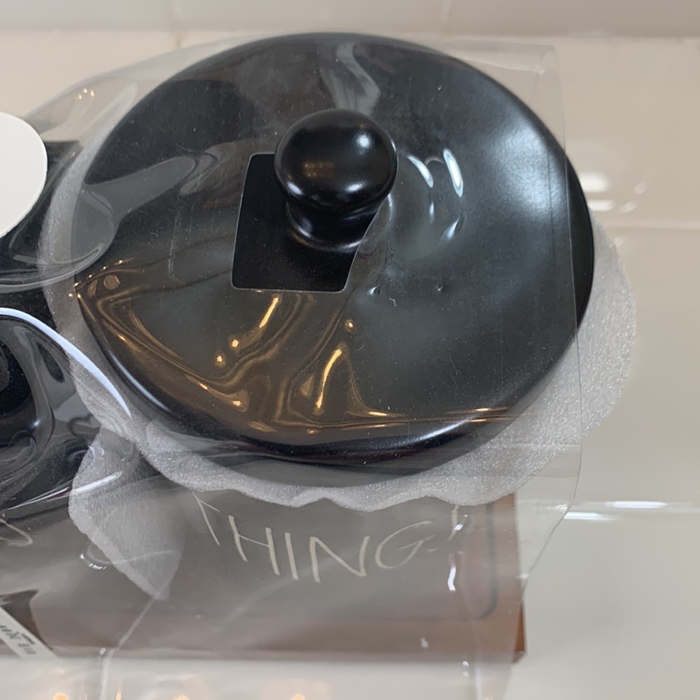 NWT Rae Dunn BRUSHES & THINGS brush holder and canister with lid black on wood - Picture 4 of 5